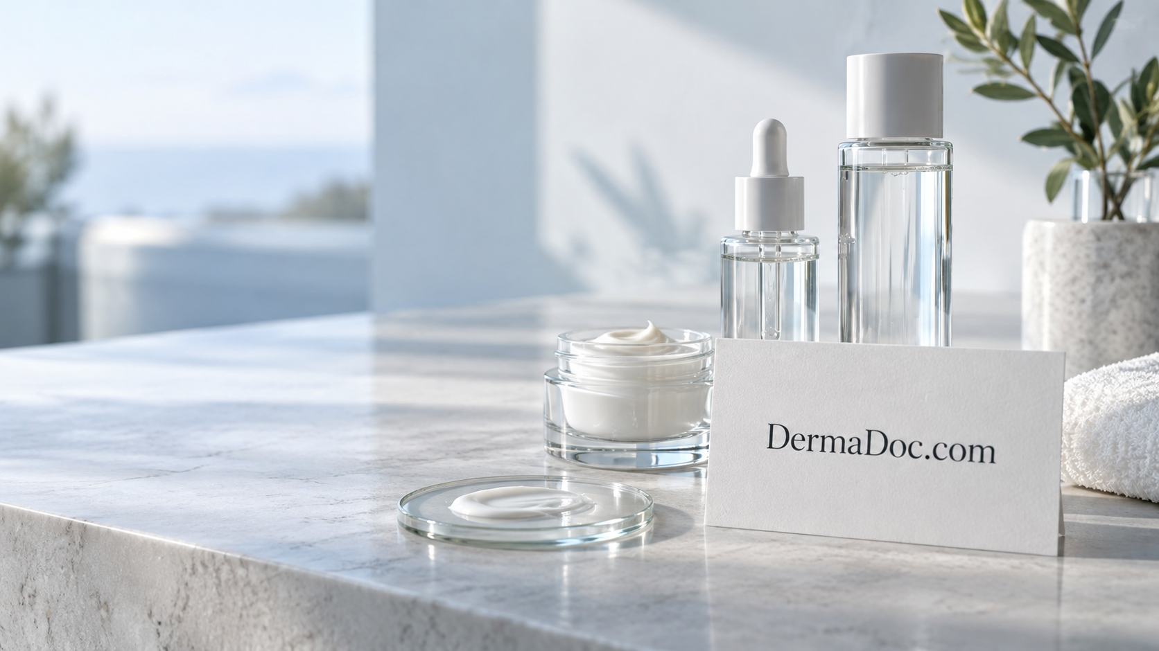 DermaDoc.com stationery with glass skincare vessels in soft clinical daylight